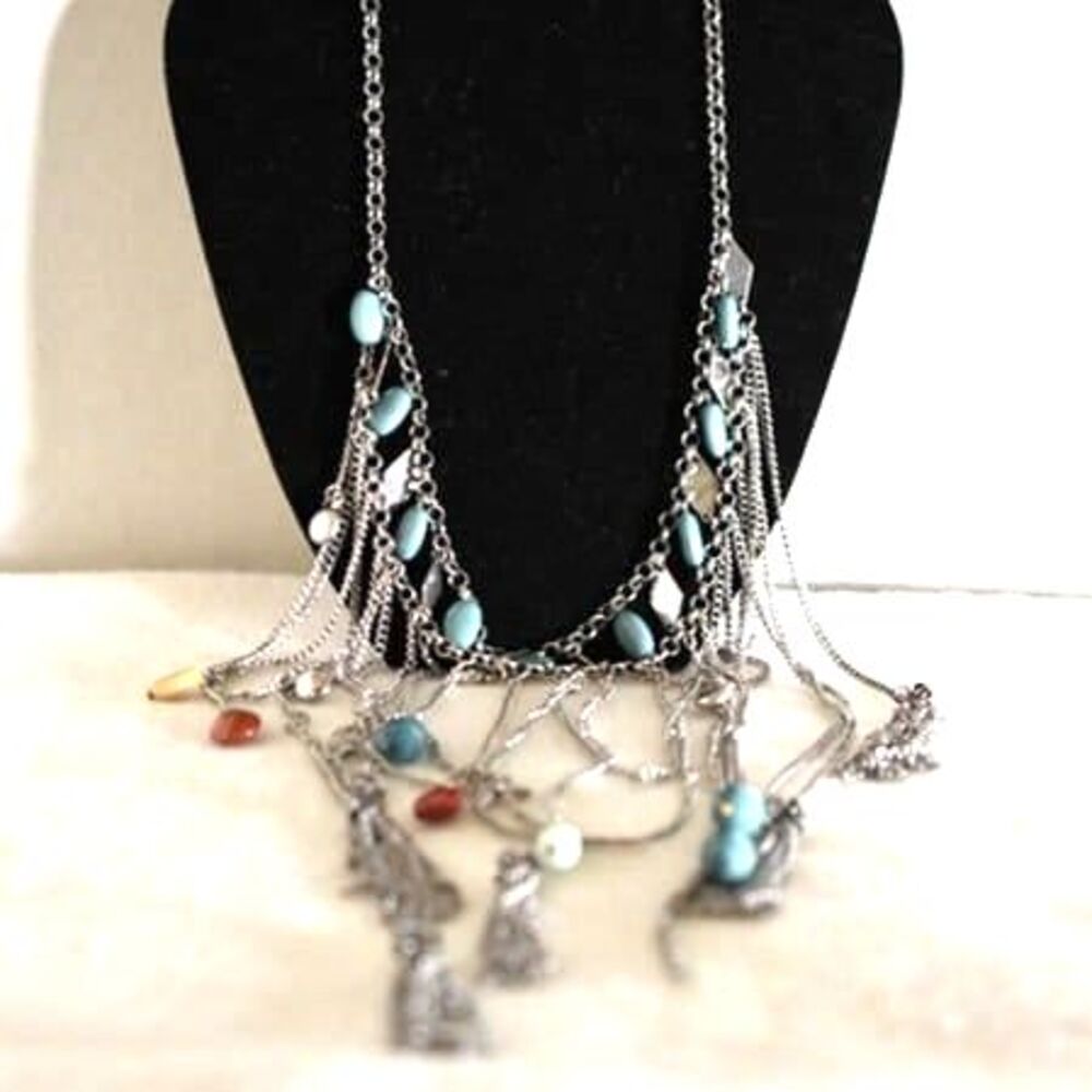 Western Faux Turquoise Silver Tone  Multi Color Bead Dangle 26" Necklace